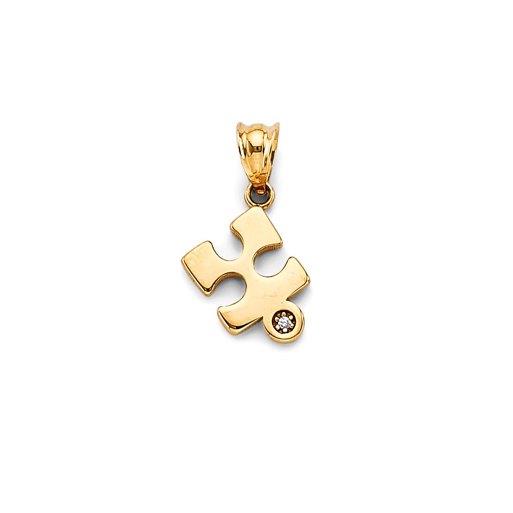 14KY CZ PUZZLE PENDANT: 14KY CZ Puzzle Pendant Type: Pendant Material Type: 14k Gold Material Color: Yellow Avg. Weight: 0.65 Gr. Size: Height : 15 mm, Width : 10 mm Accessories: None Notice: When purchasing pre-