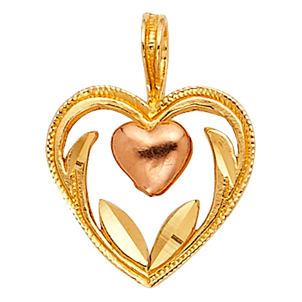 14K 2T HEART PENDANT: 14K 2T Heart Pendant Type: Pendant Material Type: 14k Gold Material Color: Two Tone Avg. Weight: 0.53 Gr. Size: Height : 10 mm Width : 10 mm Accessories: None Notice: When purchasing pre-o