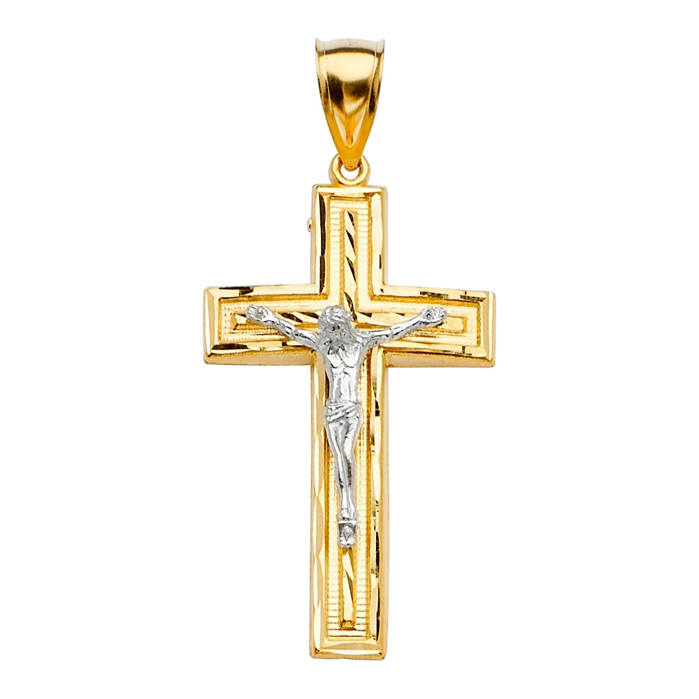 14K 2T CRUCUFIX CROSS PENDANT: 14K 2T Crucufix Cross Pendant Type: Pendant Material Type: 14k Gold Material Color: Two Tone Avg. Weight: 4.48 Gr. Size: Height : 55 mm,Width : 26 mm Accessories: None Notice: When purchasing