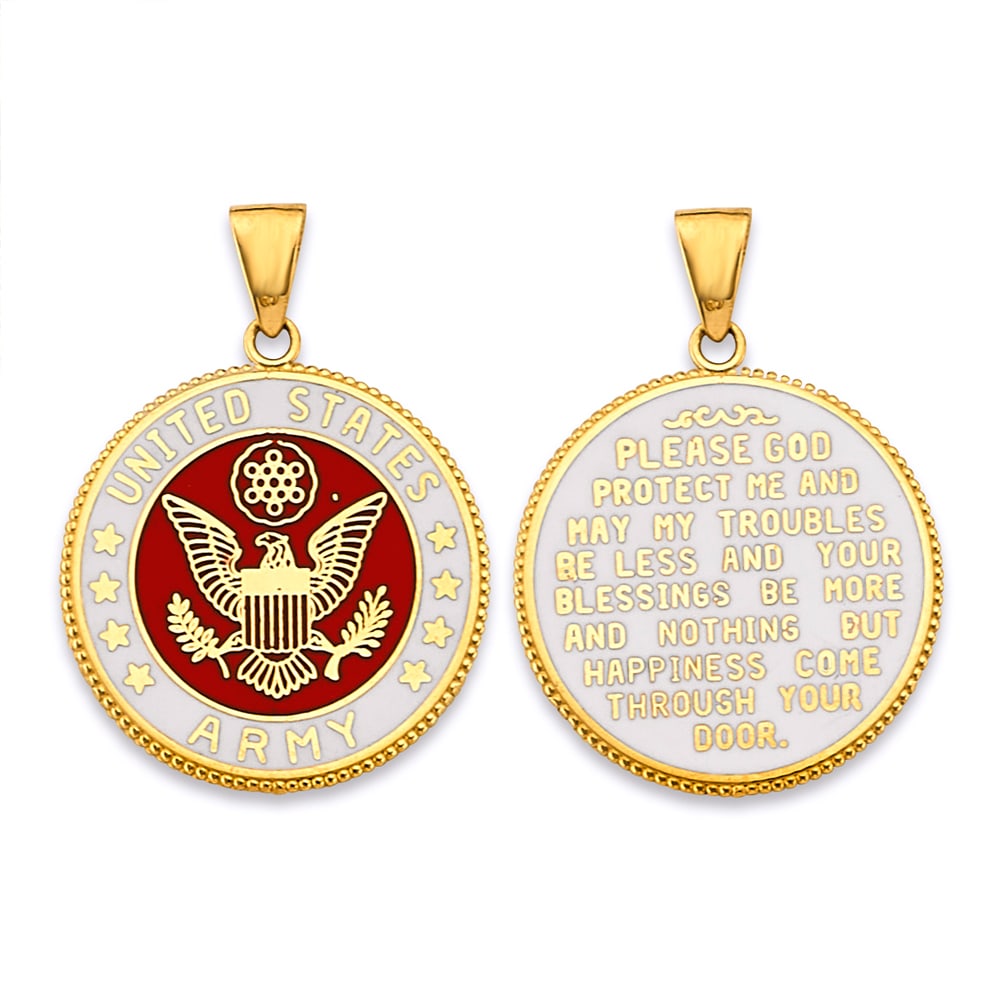 14KY US ARMY DOUBLE SIDED PENDANT: 14KY US Army Double Sided Pendant Type: Pendant Material Type: 14k Gold Material Color: Yellow Avg. Weight: 3.04 Gr. Size: Height : 25 mm, Width : 20 mm Accessories: None Notice: When purc