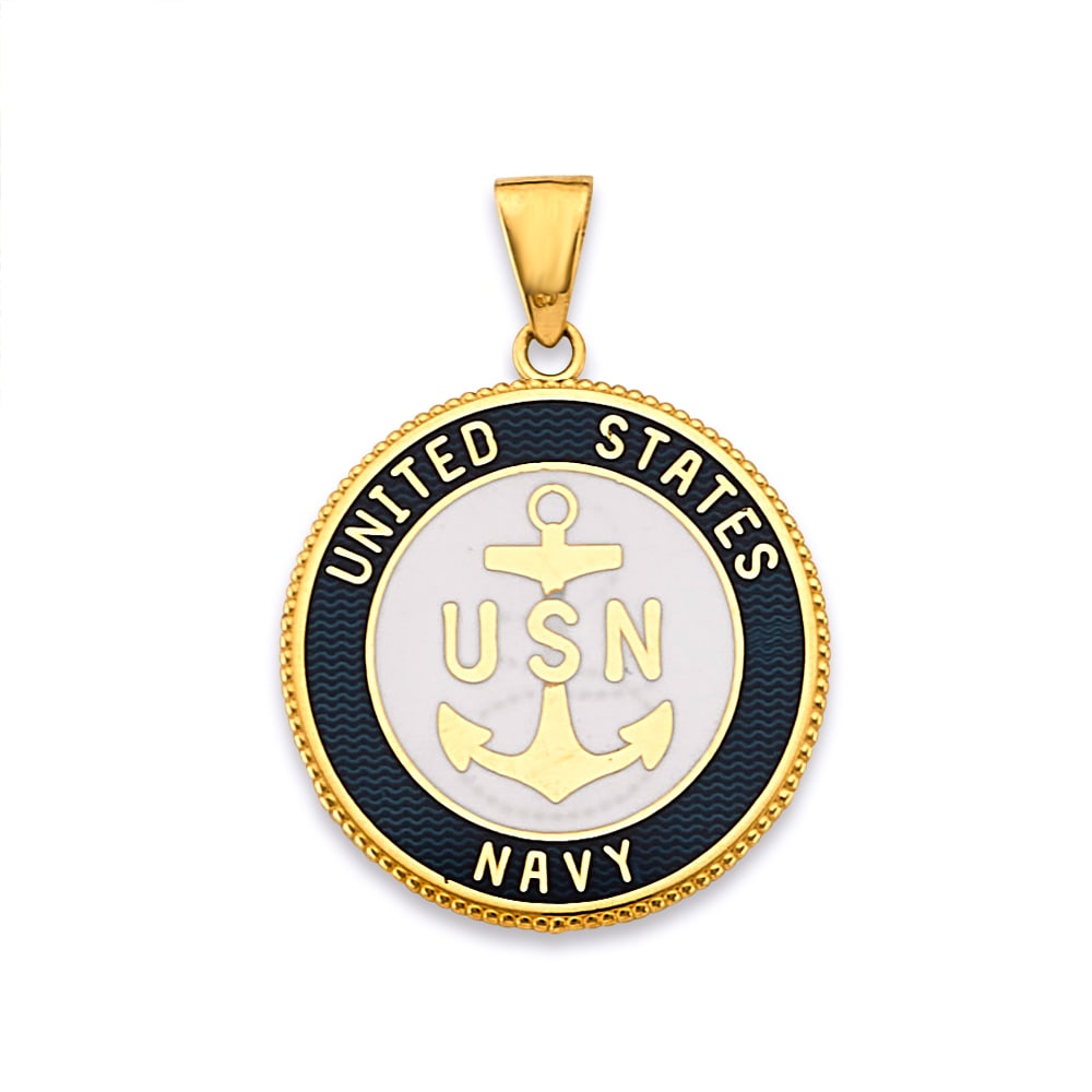 14KY US NAVY DOUBLE SIDED PENDANT: 14KY US Navy Double Sided Pendant Type: Pendant Material Type: 14k Gold Material Color: Yellow Avg. Weight: 3.09 Gr. Size: Height : 25 mm, Width : 20 mm Accessories: None Notice: When purc