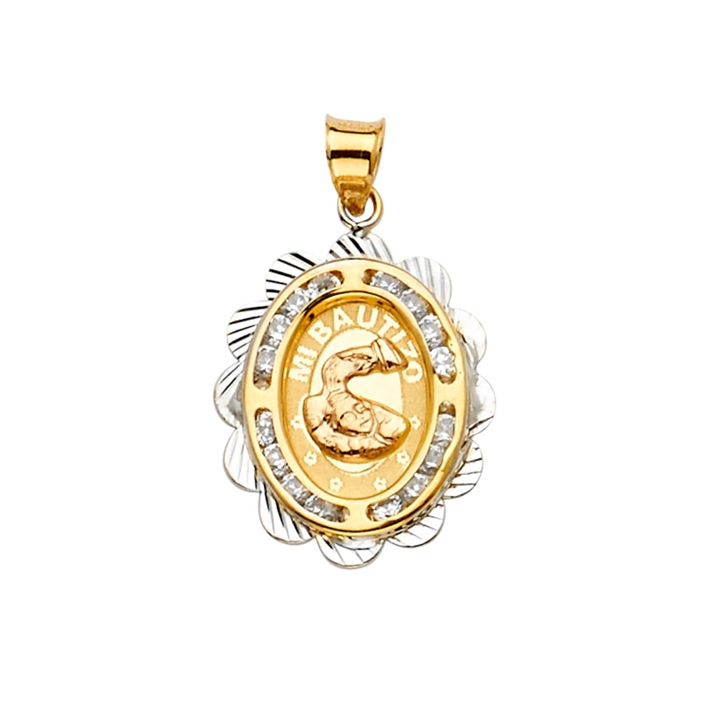 14K 2T CZ BAPTISM MEDAL PENDANT: 14K 2T CZ Baptism Medal Pendant Type: Pendant Material Type: 14k Gold Material Color: Two Tone Avg. Weight: 1.33 Gr. Size: Height : 27 mm,Width : 17 mm Accessories: None Notice: When purchasing