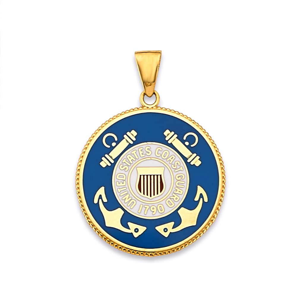 14KY US COAST GUARD DOUBLE SIDED PENDANT: 14KY US Coast Guard Double Sided Pendant Type: Pendant Material Type: 14k Gold Material Color: Yellow Avg. Weight: 2.89 Gr. Size: Height : 25 mm, Width : 20 mm Accessories: None Notice: Wh