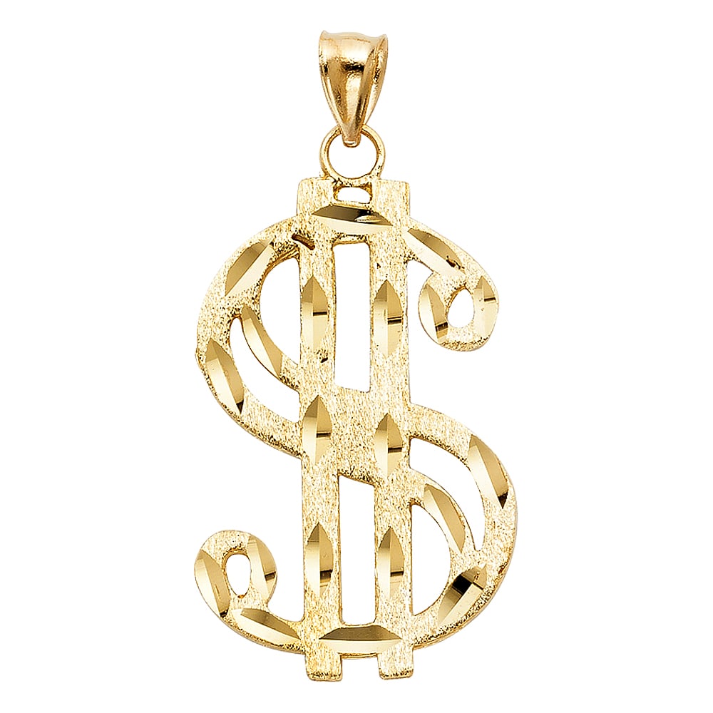 14KY DOLLAR SIGN PENDANT: 14KY Dollar Sign Pendant Type: Pendant Material Type: 14k Gold Material Color: Yellow Avg. Weight: 7.43 Gr. Size: Height : 43 mm Width : 28 mm Accessories: None Notice: When purchasing pre