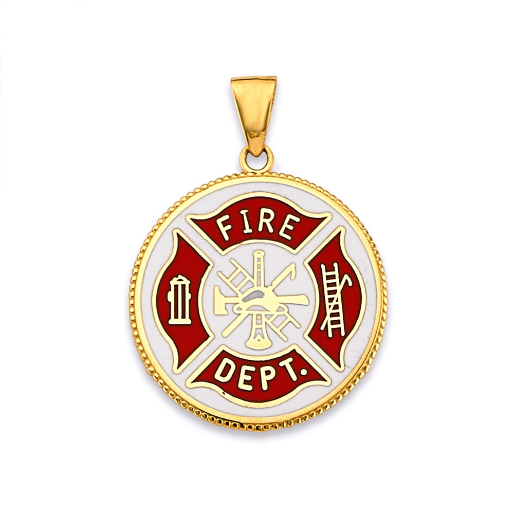 14KY FIRE DEPT. DOUBLE SIDED PENDANT: 14KY Fire Dept. Double Sided Pendant Type: Pendant Material Type: 14k Gold Material Color: Yellow Avg. Weight: 2.85 Gr. Size: Height : 25 mm, Width : 20 mm Accessories: None Notice: When p