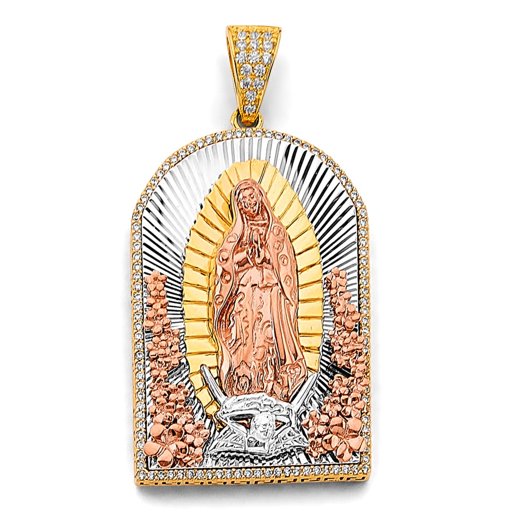 14K 3C CZ GUADALUPE PENDANT: 14K 3C CZ Guadalupe Pendant Type: Pendant Material Type: 14k Gold Material Color: Tri Color Avg. Weight: 17.14 Gr. Size: Height : 50 mm, Width : 25 mm Accessories: None Notice: When purcha