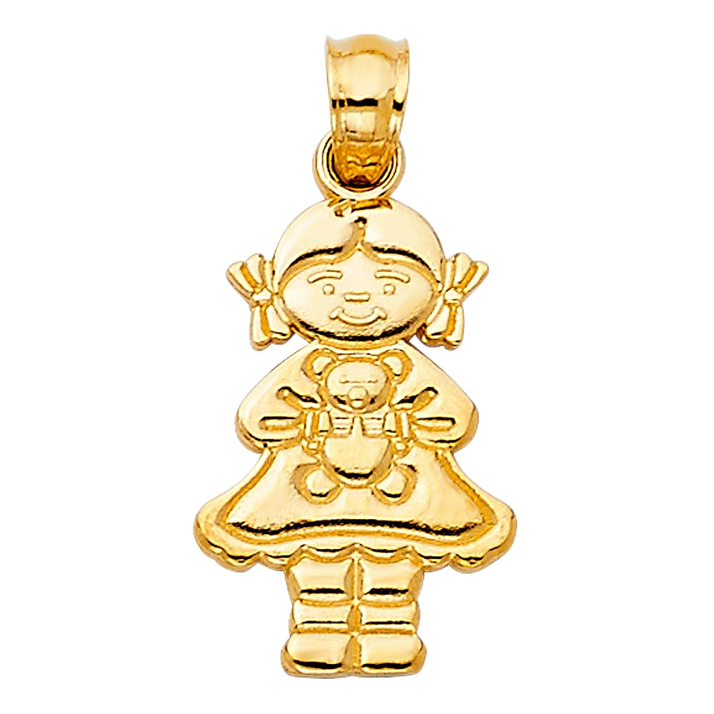 14KY GIRL WITH DOLL PENDANT: 14KY Girl with Doll Pendant Type: Pendant Material Type: 14k Gold Material Color: Yellow Avg. Weight: 1.17 Gr. Size: Height : 22 mm,Width : 10 mm Accessories: None Notice: When purchasing