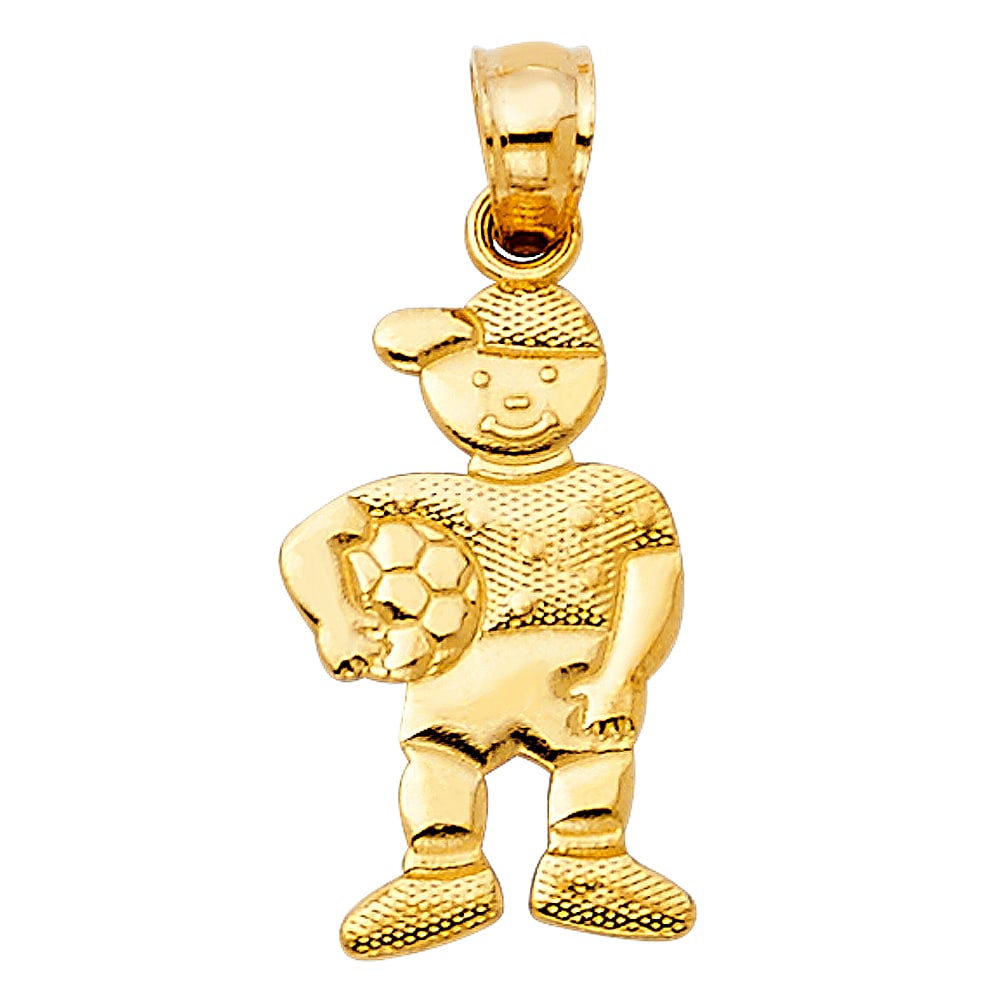 14KY BOY WITH BALL PENDANT: 14KY Boy with Ball Pendant Type: Pendant Material Type: 14k Gold Material Color: Yellow Avg. Weight: 1.02 Gr. Size: Height : 22 mm,Width : 10 mm Accessories: None Notice: When purchasing pre-owned