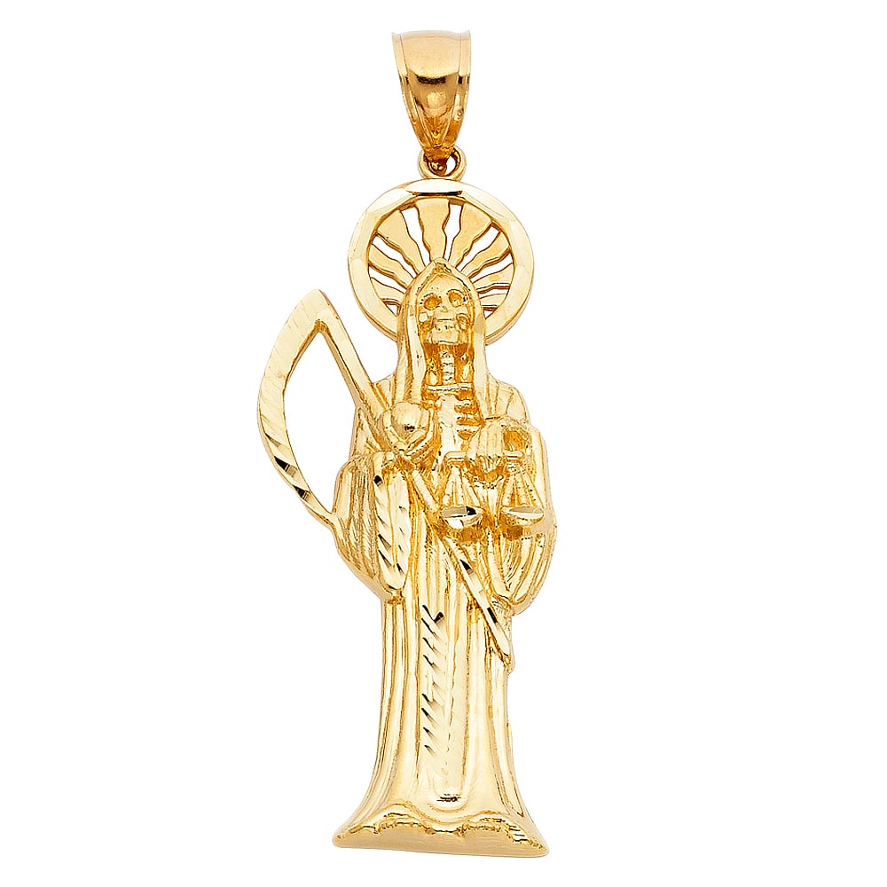 14KY SANTA MUERTE PENDANT: 14KY Santa Muerte Pendant Type: Pendant Material Type: 14k Gold Material Color: Yellow Avg. Weight: 7.31 Gr. Size: Height : 55 mm,Width : 18 mm Accessories: None Notice: When purchasing pre-owned