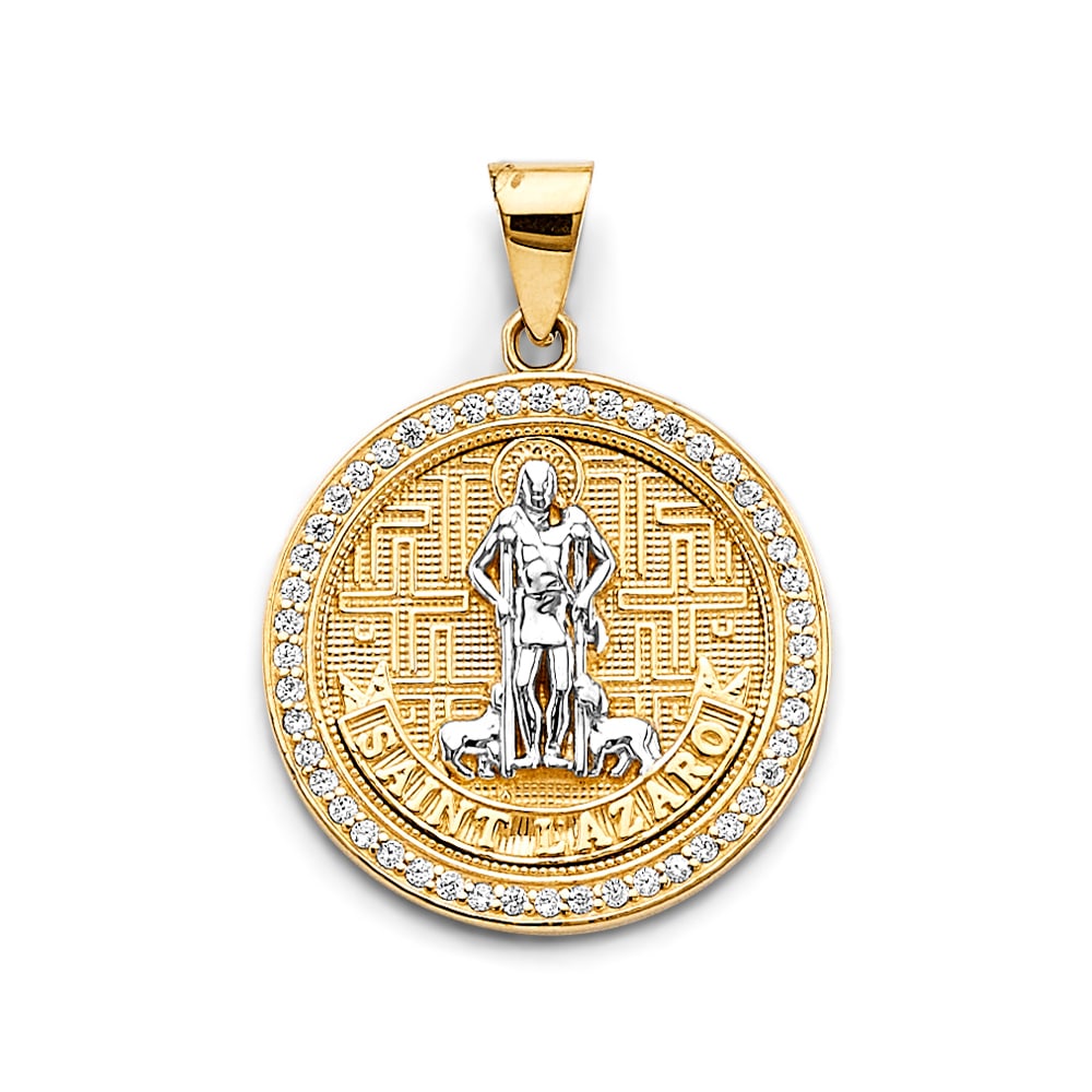14K 2T CZ ROUND SAN LAZARO PENDANT: 14K 2T CZ Round San Lazaro Pendant Type: Pendant Material Type: 14k Gold Material Color: Two Tone Avg. Weight: 5.34 Gr. Size: Height : 30 mm, Width : 22 mm Accessories: None Notice: When purchasing