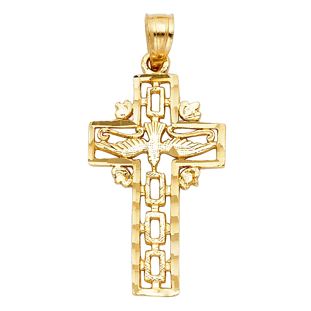 14KY CROSS WITH HOLY SPIRIT DOVE PENDANT: 14KY Cross with Holy Spirit Dove Pendant Type: Pendant Material Type: 14k Gold Material Color: Yellow Avg. Weight: 1.42 Gr. Size: Height : 25 mm,Width : 11 mm Accessories: None Notice: When