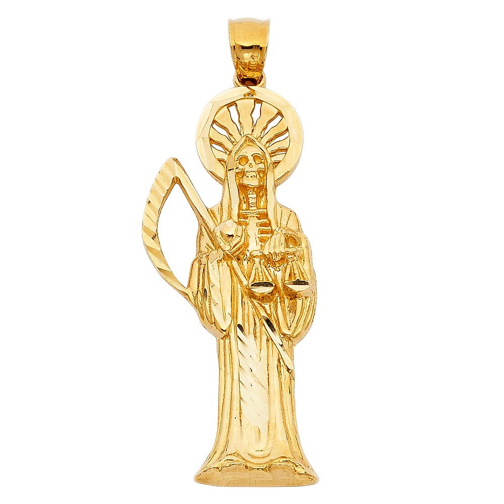 14KY SANTA MUERTE PENDANT: 14KY Santa Muerte Pendant Type: Pendant Material Type: 14k Gold Material Color: Yellow Avg. Weight: 4.1 Gr. Size: Height : 45 mm,Width : 15 mm Accessories: None Notice: When purchasing pre-owned