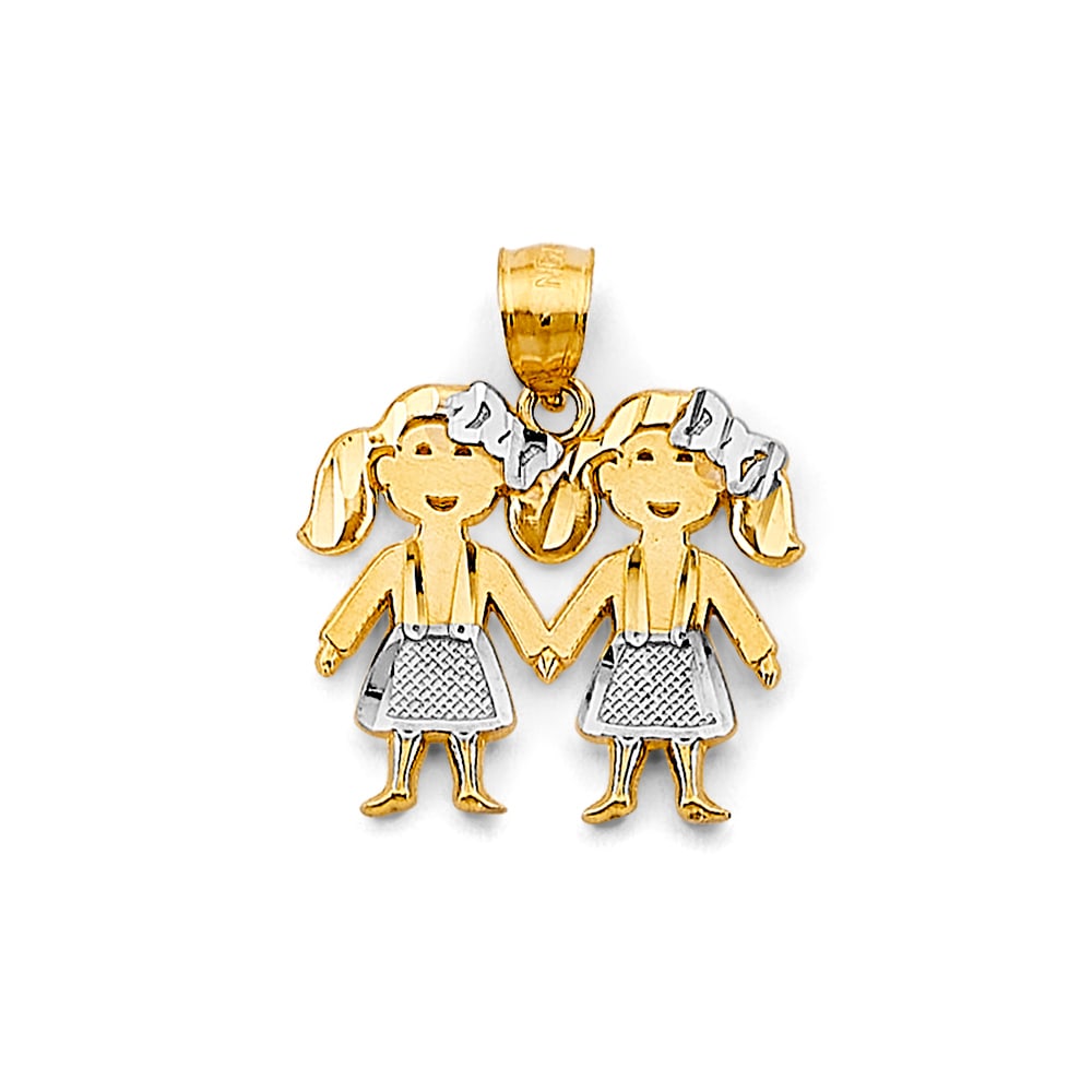 14K 2T GIRL-GIRL PENDANT: 14K 2T Girl-Girl Pendant Type: Pendant Material Type: 14k Gold Material Color: Two Tone Avg. Weight: 1.69 Gr. Size: Height : 20 mm, Width : 20 mm Accessories: None Notice: When purchasing pre-owned