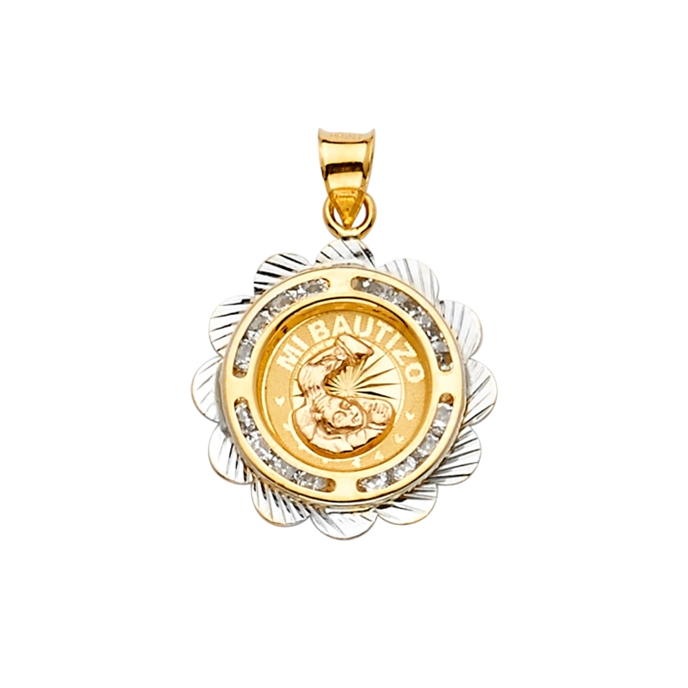 14K 2T CZ BAPTISM MEDAL PENDANT: 14K 2T CZ Baptism Medal Pendant Type: Pendant Material Type: 14k Gold Material Color: Two Tone Avg. Weight: 1.4 Gr. Size: Height : 25 mm,Width : 19 mm Accessories: None Notice: When purchasing
