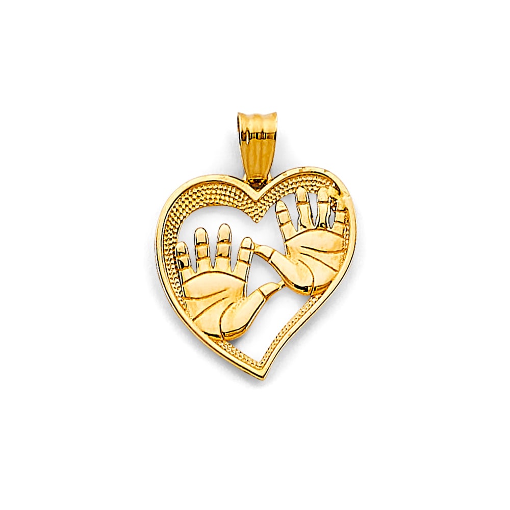 14KY HEART HAND PRINTS PENDANT: 14KY Heart Hand Prints Pendant Type: Pendant Material Type: 14k Gold Material Color: Yellow Avg. Weight: 1.08 Gr. Size: Height : 20 mm, Width : 15 mm Accessories: None Notice: When purchasing