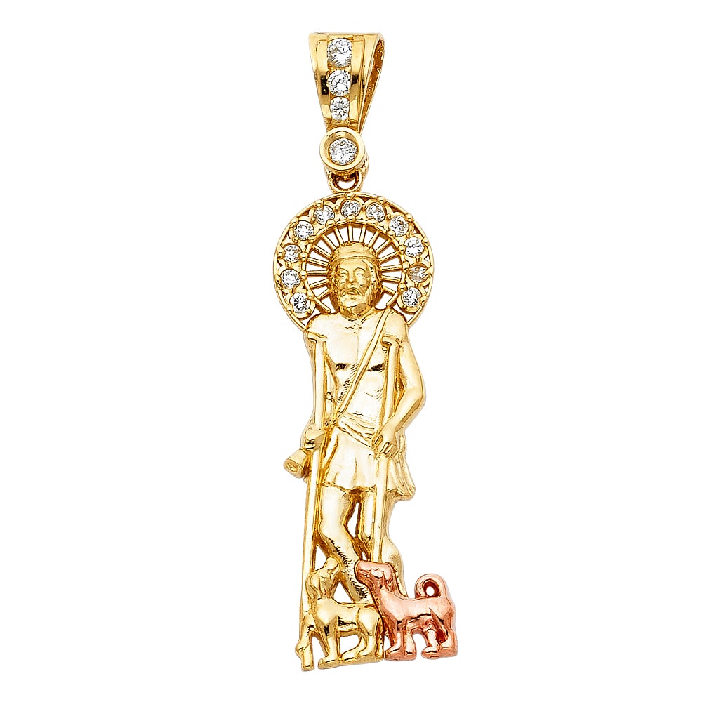 14K 2T CZ SAN LAZARO PENDANT: 14K 2T CZ San Lazaro Pendant Type: Pendant Material Type: 14k Gold Material Color: Two Tone Avg. Weight: 4.86 Gr. Size: Height : 45 mm,Width : 15 mm Accessories: None Notice: When purchasing