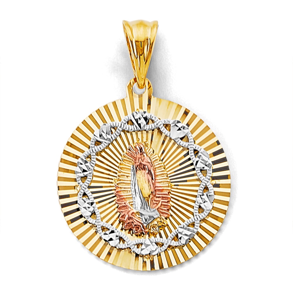 14K 3C STAMP GUADALUPE PENDANT: 14K 3C Stamp Guadalupe Pendant Type: Pendant Material Type: 14k Gold Material Color: Tri Color Avg. Weight: 4.86 Gr. Size: Height : 35 mm, Width : 25 mm Accessories: None Notice: When purchasing