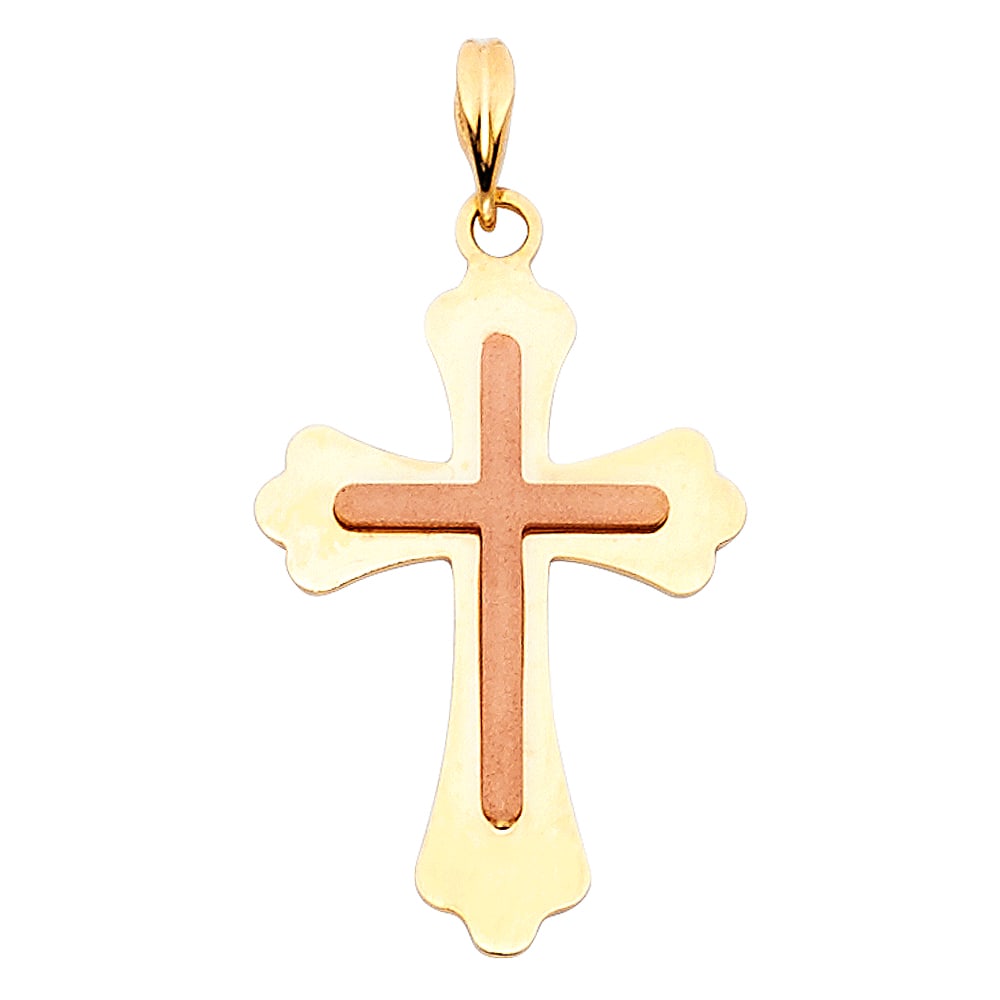 14K 2T CROSS PENDANT: 14K 2T Cross Pendant Type: Pendant Material Type: 14k Gold Material Color: Two Tone Avg. Weight: 1.2 Gr. Size: Height : 22 mm,Width : 15 mm Accessories: None Notice: When purchasing pre-ow