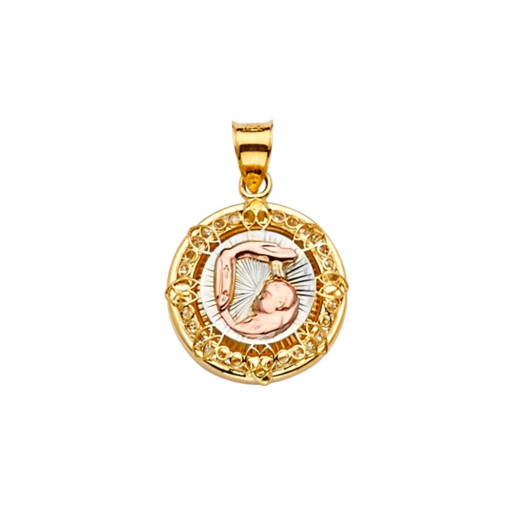 14K 2T CZ BAPTISM MEDAL PENDANT: 14K 2T CZ Baptism Medal Pendant Type: Pendant Material Type: 14k Gold Material Color: Two Tone Avg. Weight: 1.64 Gr. Size: Height : 21 mm,Width : 15 mm Accessories: None Notice: When purchasing