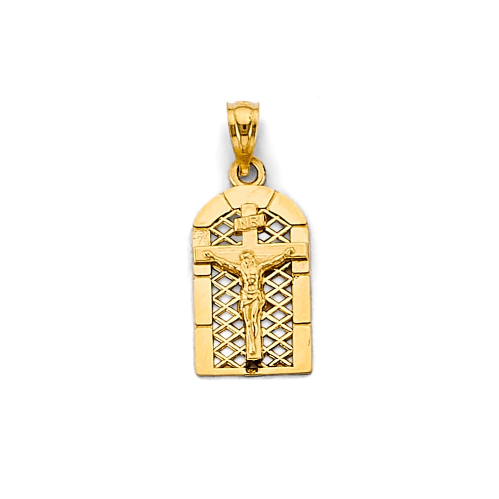 14K 2T FRAMED CRUCUFIX PENDANT: 14K 2T Framed Crucufix Pendant Type: Pendant Material Type: 14k Gold Material Color: Two Tone Avg. Weight: 1.33 Gr. Size: Height : 22 mm, Width : 10 mm Accessories: None Notice: When purch