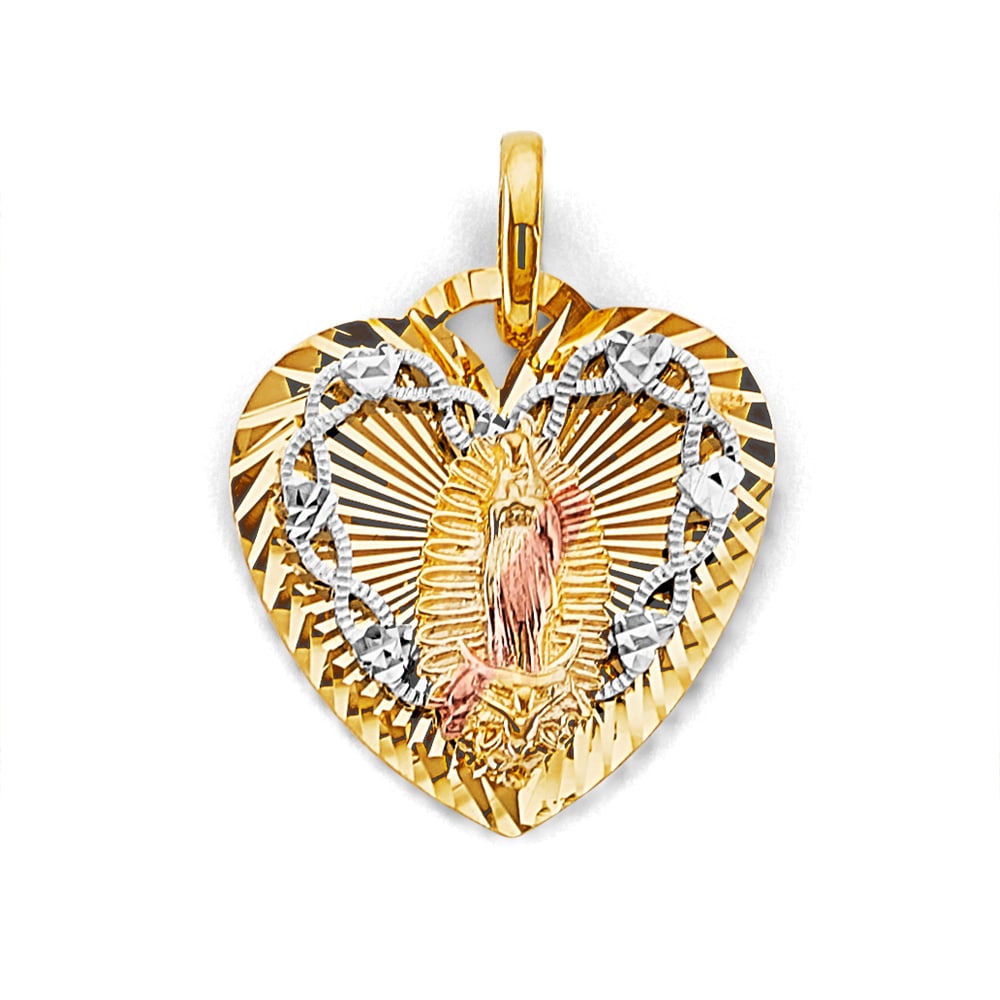 14K 3C STAMP GUADALUPE PENDANT: 14K 3C Stamp Guadalupe Pendant Type: Pendant Material Type: 14k Gold Material Color: Tri Color Avg. Weight: 3.5 Gr. Size: Height : 35 mm, Width : 23 mm Accessories: None Notice: When purchasing