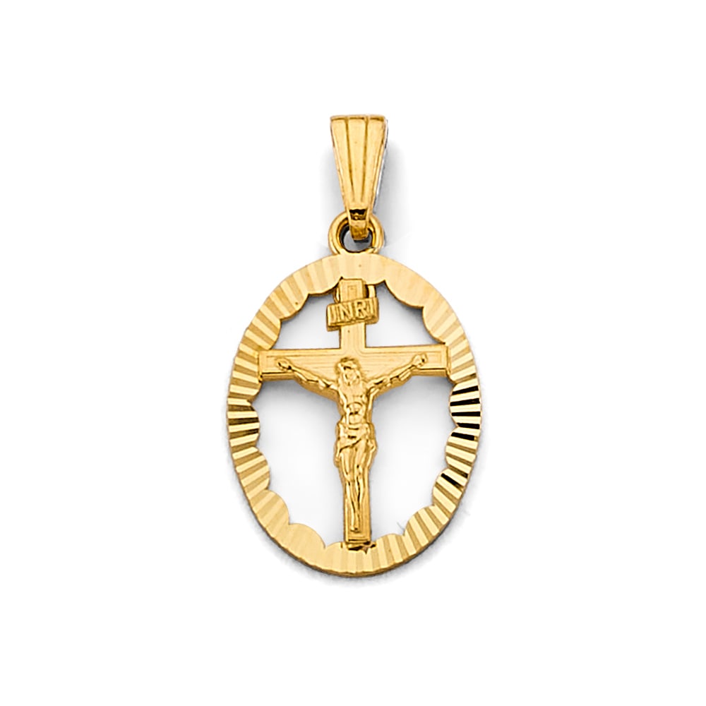 14KY OVAL CRUCUFIX PENDANT: 14KY Oval Crucufix Pendant Type: Pendant Material Type: 14k Gold Material Color: Yellow Avg. Weight: 1.84 Gr. Size: Height : 27 mm, Width : 15 mm Accessories: None Notice: When purchasing pre-owned