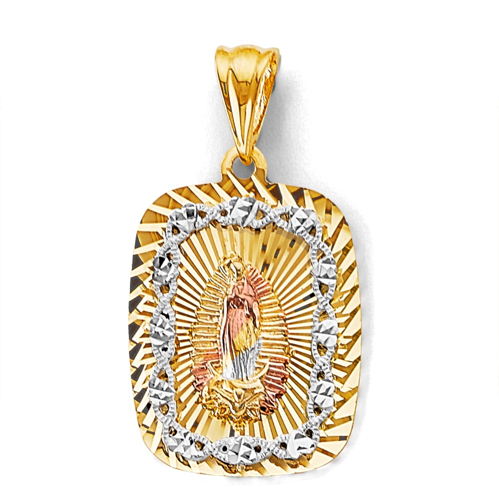 14K 3C STAMP GUADALUPE PENDANT: 14K 3C Stamp Guadalupe Pendant Type: Pendant Material Type: 14k Gold Material Color: Tri Color Avg. Weight: 3.94 Gr. Size: Height : 30 mm, Width : 20 mm Accessories: None Notice: When purchasing