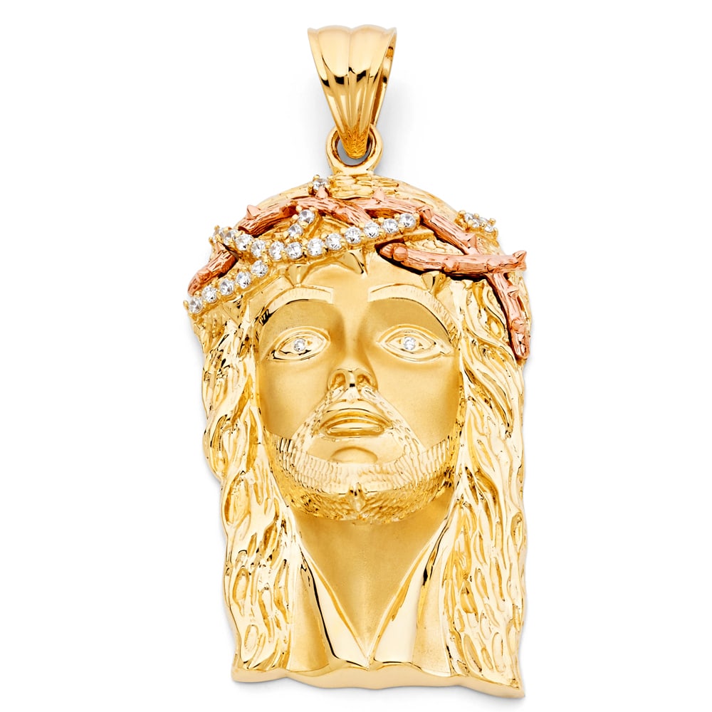 14K 2T CZ JESUS CHRIST HEAD PENDANT: 14K 2T CZ Jesus Christ Head Pendant Type: Pendant Material Type: 14k Gold Material Color: Two Tone Avg. Weight: 38.52 Gr. Size: Height : 65 mm,Width : 45 mm Accessories: None Notice: When purchasing