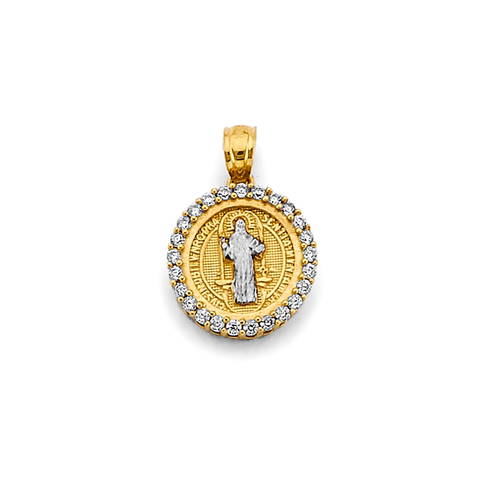 14K 2T CZ SMALL SAN BENITO PENDANT: 14K 2T CZ Small San Benito Pendant Type: Pendant Material Type: 14k Gold Material Color: Two Tone Avg. Weight: 1.95 Gr. Size: Height : 18 mm, Width : 13 mm Accessories: None Notice: When purchasing