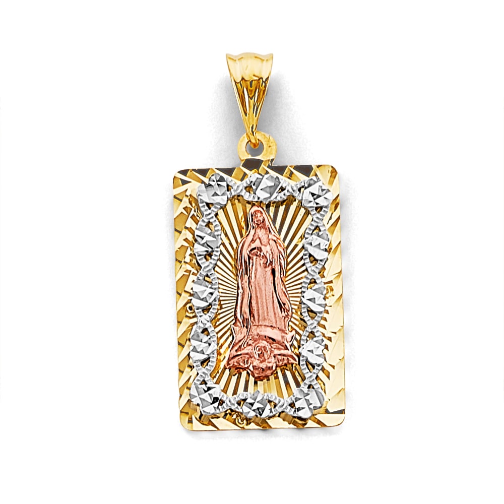 14K 3C STAMP GUADALUPE PENDANT: 14K 3C Stamp Guadalupe Pendant Type: Pendant Material Type: 14k Gold Material Color: Tri Color Avg. Weight: 2.88 Gr. Size: Height : 30 mm, Width : 13 mm Accessories: None Notice: When purchasing