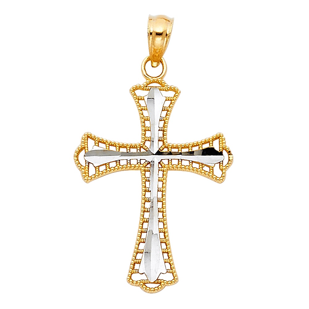 14K 2T CROSS PENDANT: 14K 2T Cross Pendant Type: Pendant Material Type: 14k Gold Material Color: Two Tone Avg. Weight: 0.88 Gr. Size: Height : 25 mm,Width : 18 mm Accessories: None Notice: When purchasing pre-owned goods,