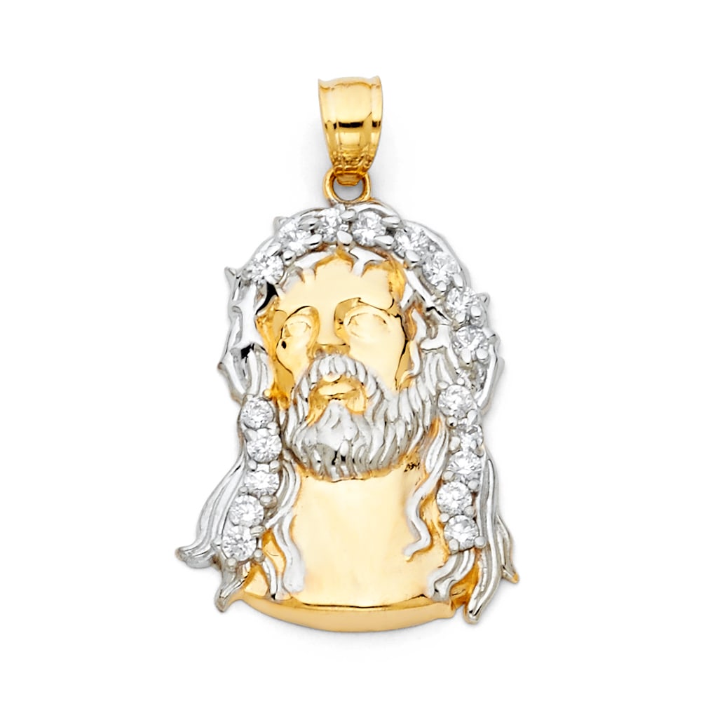 14K 2T CZ JESUS CHRIST HEAD PENDANT: 14K 2T CZ Jesus Christ Head Pendant Type: Pendant Material Type: 14k Gold Material Color: Two Tone Avg. Weight: 3.19 Gr. Size: Height : 25 mm,Width : 20 mm Accessories: None Notice: When purchasing
