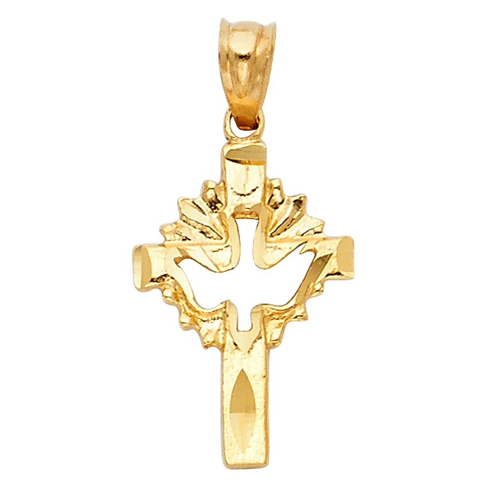 14KY CROSS WITH HOLY SPIRIT DOVE PENDANT: 14KY Cross with Holy Spirit Dove Pendant Type: Pendant Material Type: 14k Gold Material Color: Yellow Avg. Weight: 1.01 Gr. Size: Height : 18 mm,Width : 12 mm Accessories: None Notice: When
