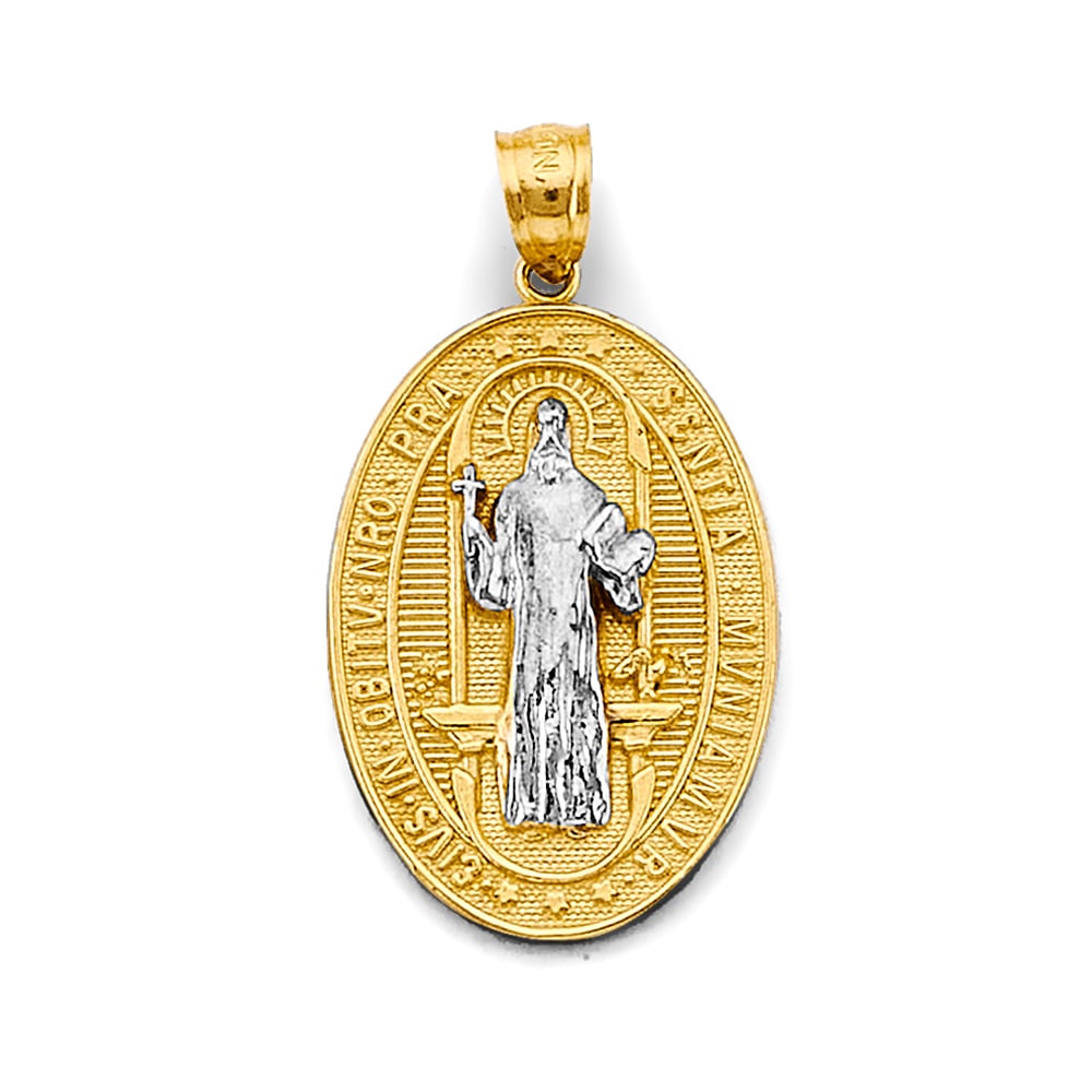 14K 2T SMALL OVAL SAN BENITO PENDANT: 14K 2T Small Oval San Benito Pendant Type: Pendant Material Type: 14k Gold Material Color: Two Tone Avg. Weight: 0.89 Gr. Size: Height : 17 mm, Width : 8 mm Accessories: None Notice: When purchasing