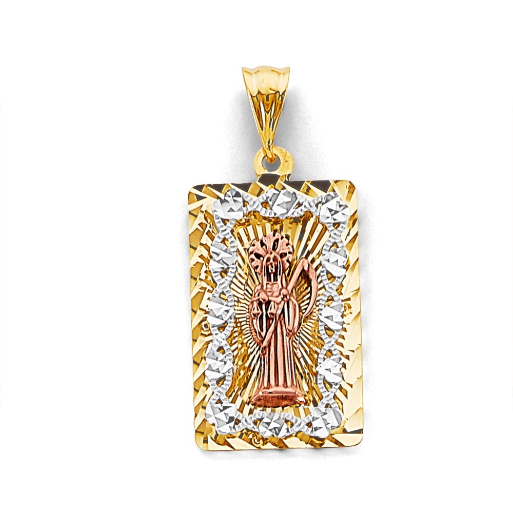 14K 3C STAMP SANTA MUERTE PENDANT: 14K 3C Stamp Santa Muerte Pendant Type: Pendant Material Type: 14k Gold Material Color: Tri Color Avg. Weight: 3.19 Gr. Size: Height : 30 mm, Width : 13 mm Accessories: None Notice: When purchasing