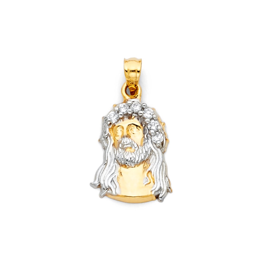 14K 2T CZ JESUS CHRIST HEAD PENDANT: 14K 2T CZ Jesus Christ Head Pendant Type: Pendant Material Type: 14k Gold Material Color: Two Tone Avg. Weight: 1.29 Gr. Size: Height : 15 mm,Width : 13 mm Accessories: None Notice: When purchasing