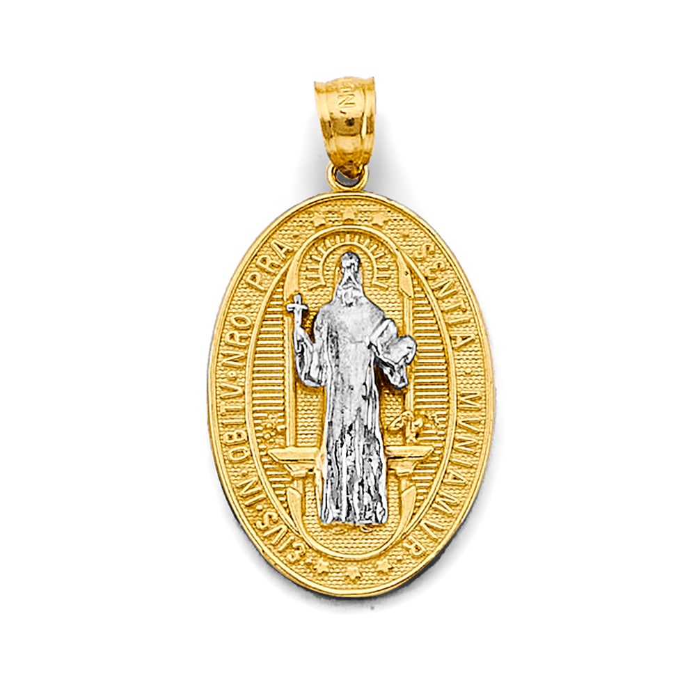 14K 2T OVAL SAN BENITO PENDANT: 14K 2T Oval San Benito Pendant Type: Pendant Material Type: 14k Gold Material Color: Two Tone Avg. Weight: 4.72 Gr. Size: Height : 32 mm, Width : 17 mm Accessories: None Notice: When purchasing