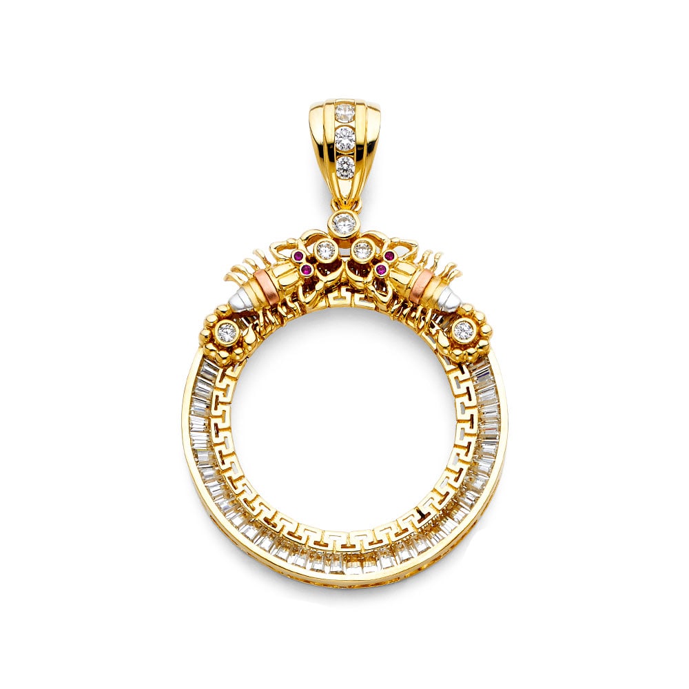 14KY CZ SCORPION CZ FRAME: 14KY CZ Scorpion CZ Frame Type: Pendant Material Type: 14k Gold Material Color: Yellow Avg. Weight: 30.61 Gr. Size: Height : 73 mm,Width : 50 mm Accessories: None Notice: When purchasing pre-owned