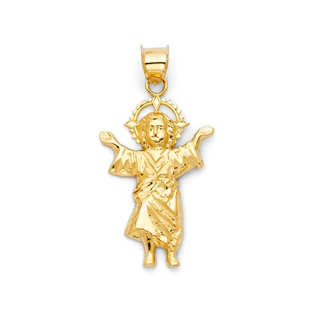 14KY DIVINE INFANT JESUS PENDANT: 14KY Divine Infant Jesus Pendant Type: Pendant Material Type: 14k Gold Material Color: Yellow Avg. Weight: 1.14 Gr. Size: Height : 30 mm,Width : 15 mm Accessories: None Notice: When purchasing