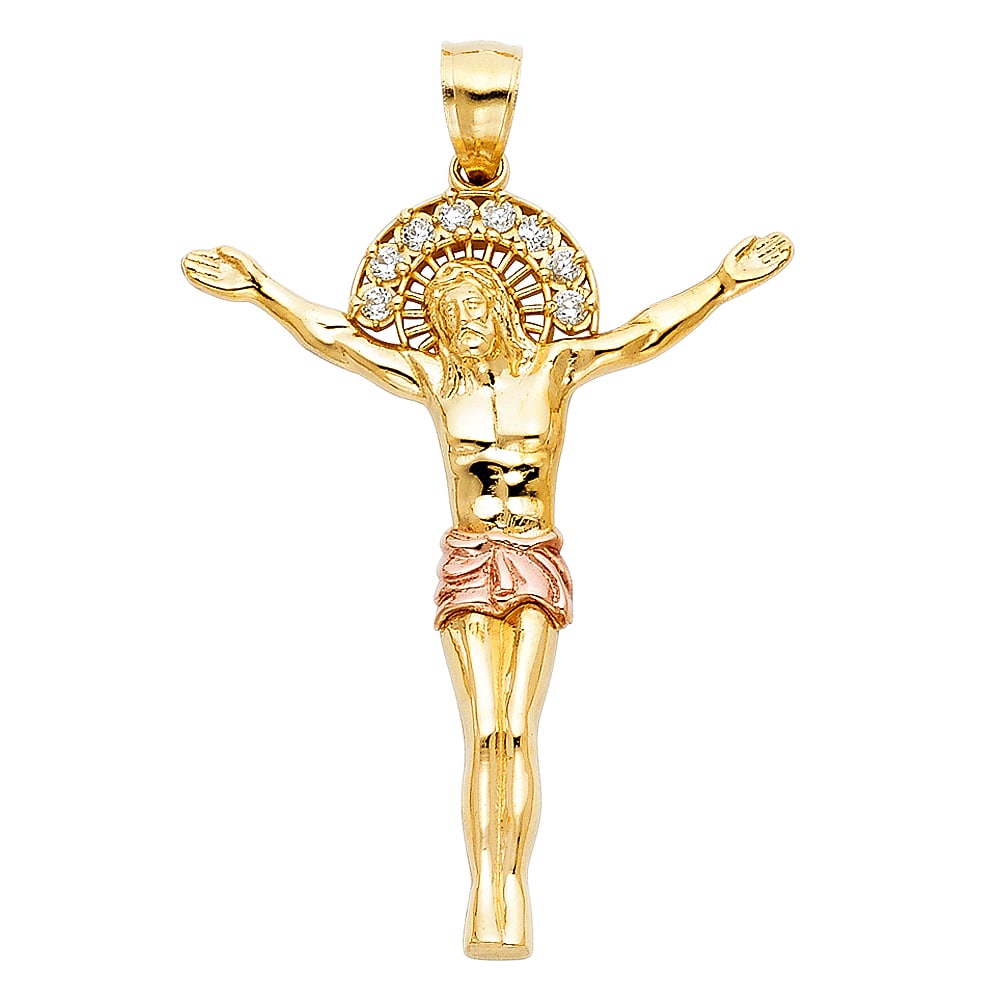 14K 2T CZ JESUS CHRIST BODY PENDANT: 14K 2T CZ Jesus Christ Body Pendant Type: Pendant Material Type: 14k Gold Material Color: Two Tone Avg. Weight: 3.42 Gr. Size: Height : 40 mm,Width : 35 mm Accessories: None Notice: When purchasing