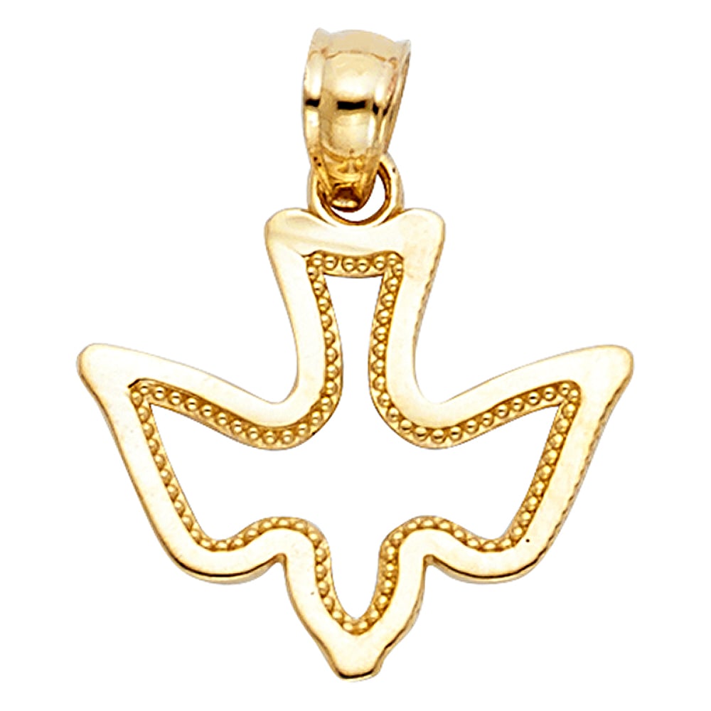 14KY ESPIRITU SANTO DOVE PENDANT: 14KY Espiritu Santo Dove Pendant Type: Pendant Material Type: 14k Gold Material Color: Yellow Avg. Weight: 0.73 Gr. Size: Height : 15 mm,Width : 17 mm Accessories: None Notice: When purchasing