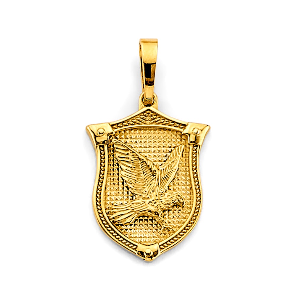 14KY SHIELD WITH EAGLE PENDANT: 14KY Shield with Eagle Pendant Type: Pendant Material Type: 14k Gold Material Color: Yellow Avg. Weight: 3.38 Gr. Size: Height : 30 mm, Width : 17 mm Accessories: None Notice: When purchas