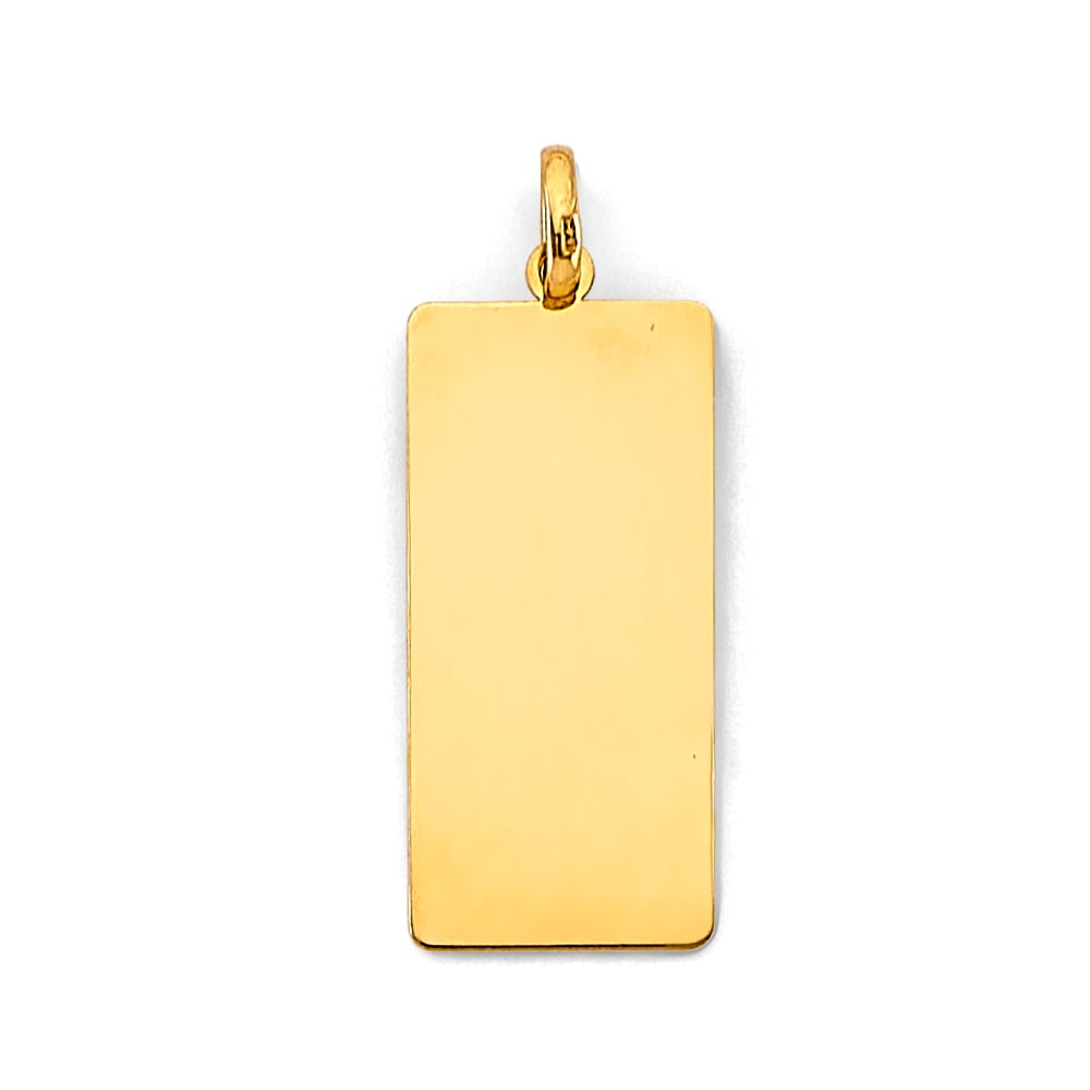14KY ENGRAVABLE PLAIN PENDANT: 14KY Engravable Plain Pendant Type: Pendant Material Type: 14k Gold Material Color: Yellow Avg. Weight: 1.6 Gr. Size: Height : 30 mm, Width : 10 mm Accessories: None Notice: When purchasing pre-owned