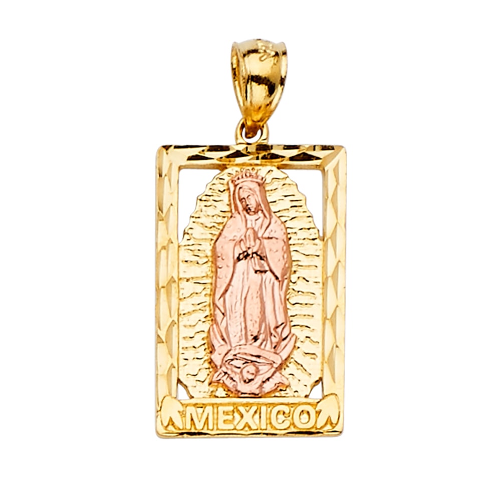 14K 2T GUADALUPE RETANGULAR PENDANT: 14K 2T Guadalupe Retangular Pendant Type: Pendant Material Type: 14k Gold Material Color: Two Tone Avg. Weight: 2.33 Gr. Size: Height : 26 mm,Width : 14 mm Accessories: None Notice: When purchasing