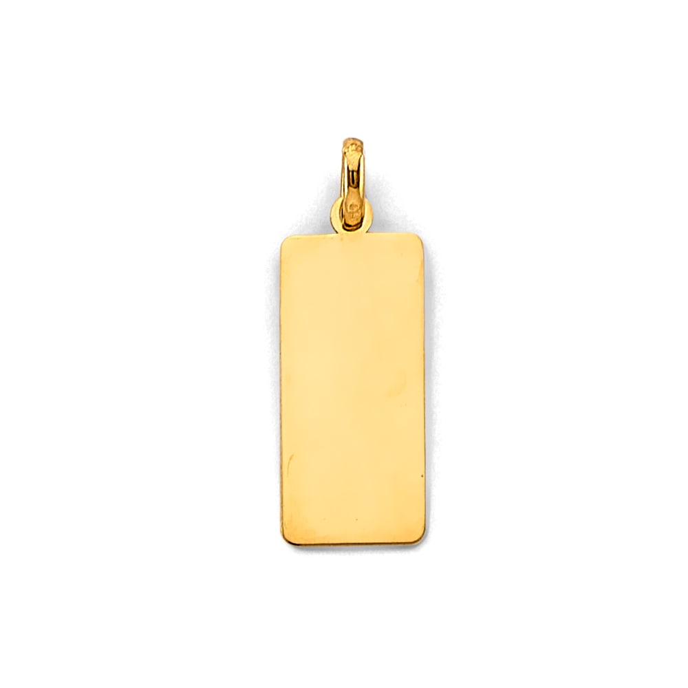 14KY ENGRAVABLE PLAIN PENDANT: 14KY Engravable Plain Pendant Type: Pendant Material Type: 14k Gold Material Color: Yellow Avg. Weight: 0.98 Gr. Size: Height : 25 mm, Width : 8 mm Accessories: None Notice: When purchasing pre-owned