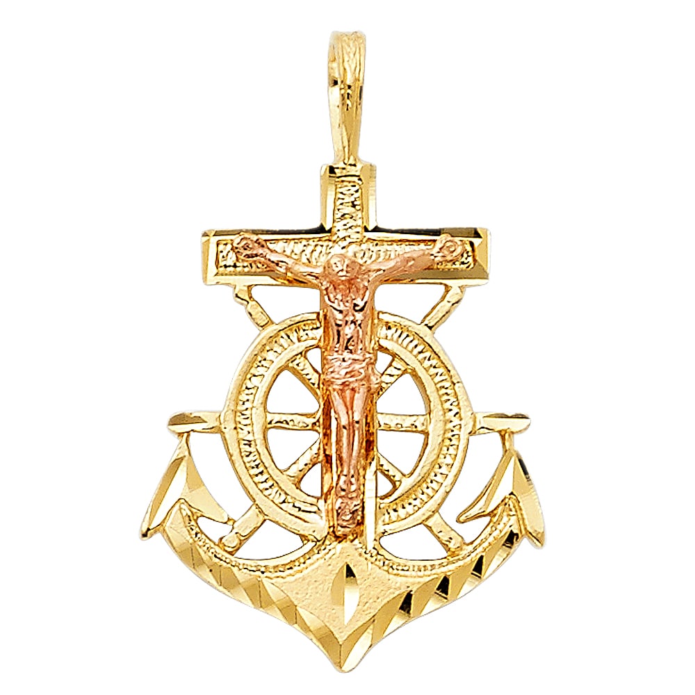 14K 2T CRUCUFIX ANCHOR PENDANT: 14K 2T Crucufix Anchor Pendant Type: Pendant Material Type: 14k Gold Material Color: Two Tone Avg. Weight: 1.66 Gr. Size: Height : 23 mm,Width : 18 mm Accessories: None Notice: When purcha