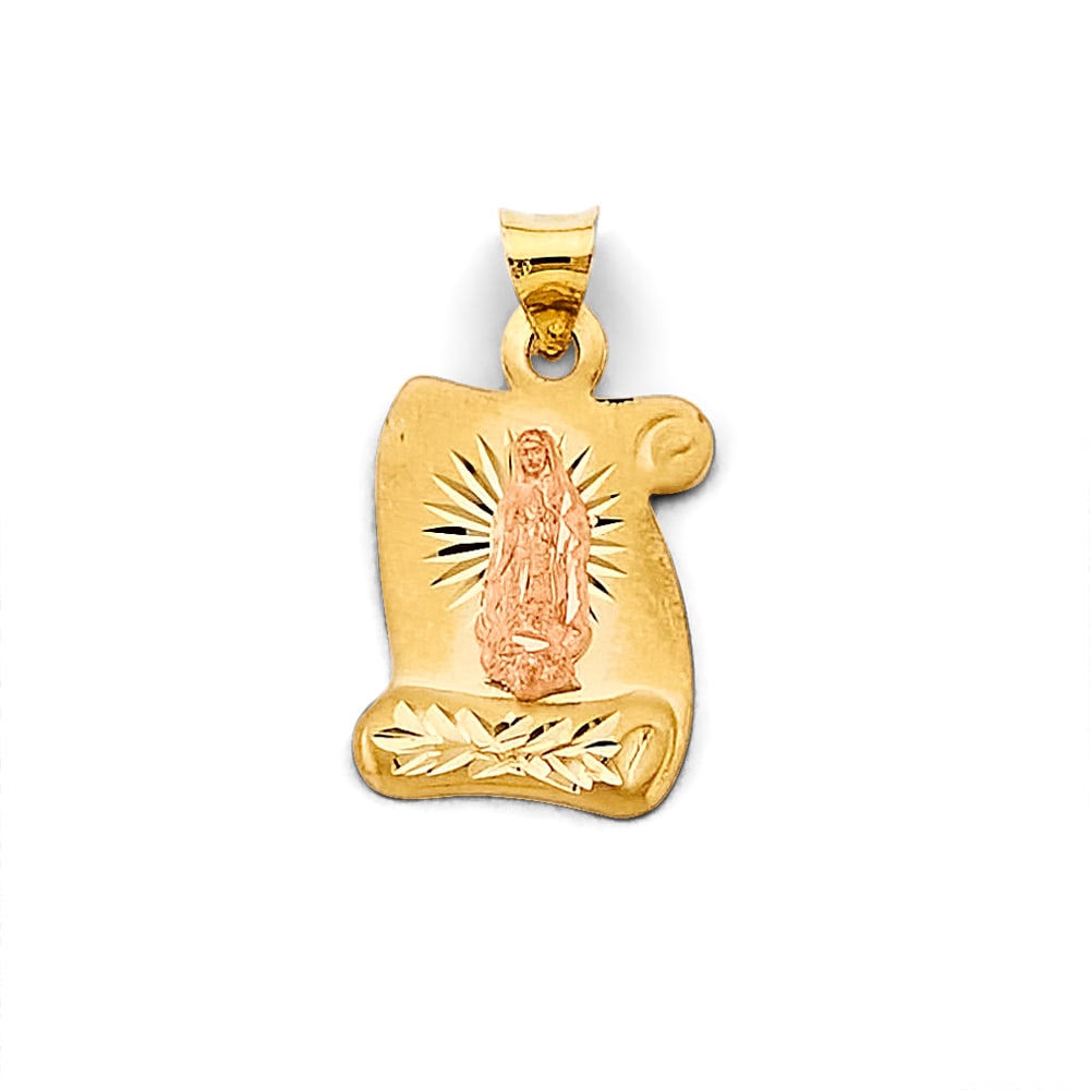 14K 2T STAMP GUADALUPE PENDANT: 14K 2T Stamp Guadalupe Pendant Type: Pendant Material Type: 14k Gold Material Color: Two Tone Avg. Weight: 1.24 Gr. Size: Height : 23 mm, Width : 15 mm Accessories: None Notice: When purchasing