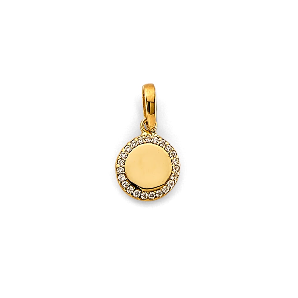 14KY CZ ENGRAVABLE PLAIN PENDANT: 14KY CZ Engravable Plain Pendant Type: Pendant Material Type: 14k Gold Material Color: Yellow Avg. Weight: 0.82 Gr. Size: Height : 15 mm, Width : 8 mm Accessories: None Notice: When purchasing