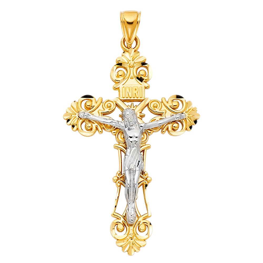 14K 2T CUT OUT CRUCUFIX PENDANT: 14K 2T Cut Out Crucufix Pendant Type: Pendant Material Type: 14k Gold Material Color: Two Tone Avg. Weight: 13.88 Gr. Size: Height : 75 mm,Width : 40 mm Accessories: None Notice: When purc