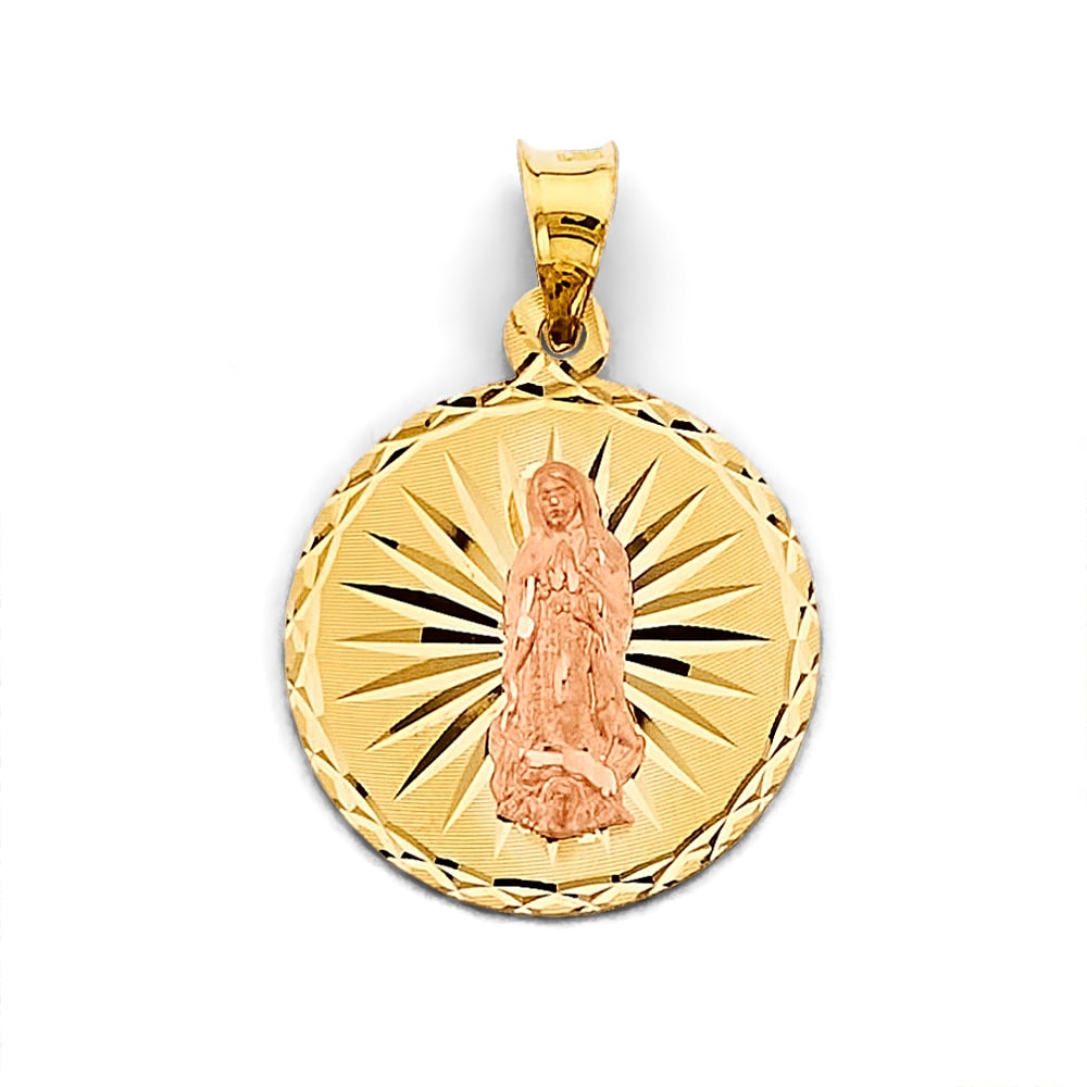 14K 2T STAMP GUADALUPE PENDANT: 14K 2T Stamp Guadalupe Pendant Type: Pendant Material Type: 14k Gold Material Color: Two Tone Avg. Weight: 1.3 Gr. Size: Height : 30 mm, Width : 20 mm Accessories: None Notice: When purchasing